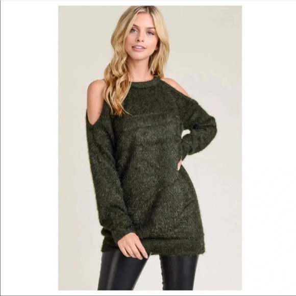 Olive Green Cold Shoulder Sweater | Cozy Fall Knit Pullover Top - Picture 3 of 7